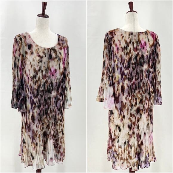 SOFT SURROUNDINGS Ballia Dress Pleated Chiffon Animal Print Bell Sleeve Womens M - Picture 1 of 16